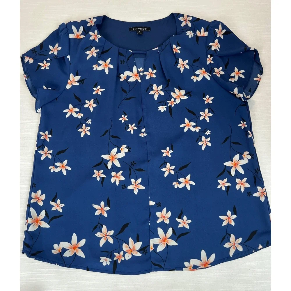 41 Hawthorn Blue Floral Keyhole Pleated Blouse Short Tulip Sleeve Top Large - Picture 1 of 12